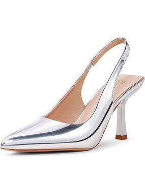 Women's Silver Slingback Kitten Heel Pointed Toe Stiletto Pumps Slip on Shoes